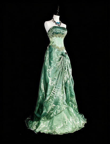Robes de bal de promo vintage bustier vert avec dentelle dorée et volants, robe de soirée longue années 1980 N2715