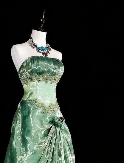 Robes de bal de promo vintage bustier vert avec dentelle dorée et volants, robe de soirée longue années 1980 N2715