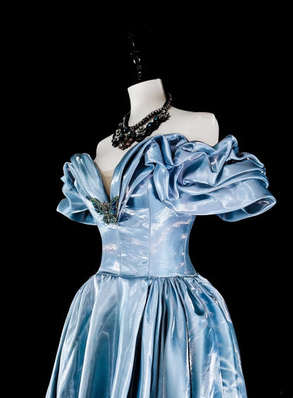 Robes de bal de rêve Esthétique rétro années 80 Épaules dénudées Bleu clair Longues tenues de soirée N2363