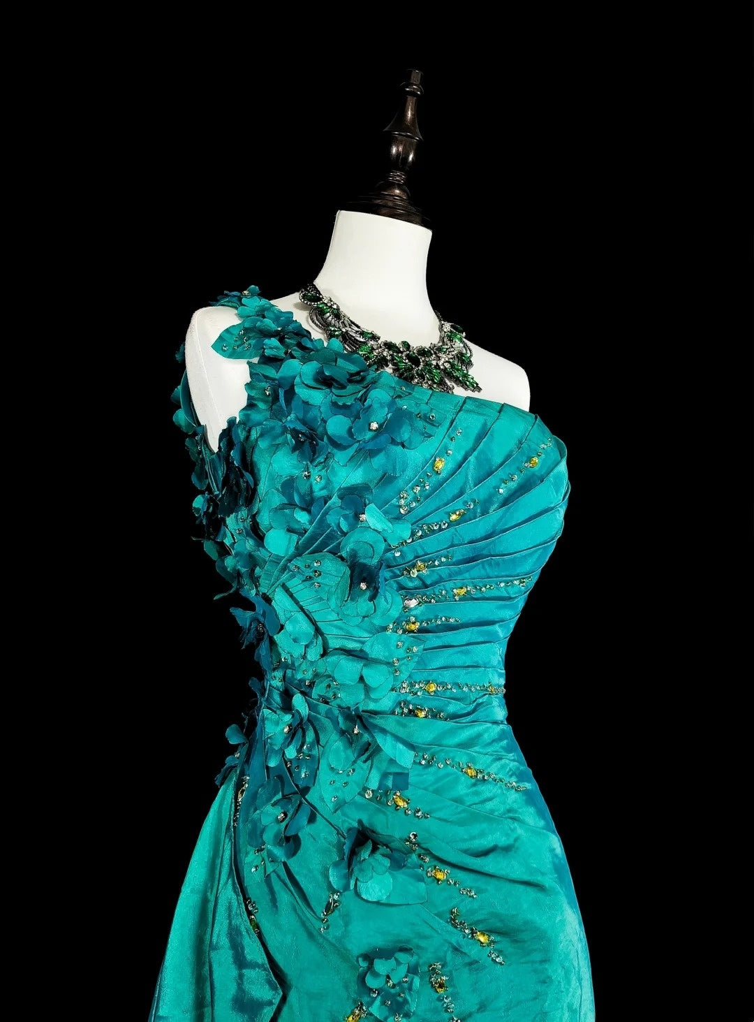Vintage Meerjungfrauen-Abendkleid, schulterfrei, grün, 70er Jahre, mit Falten und Perlen, langes Ballkleid, Partykleid N1838