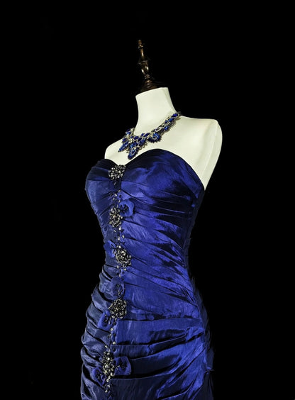 Vintage Meerjungfrauen-Abendkleid aus königsblauem Satin im Stil der 80er Jahre, formelles Geburtstagskleid, langes Ballkleid N1756