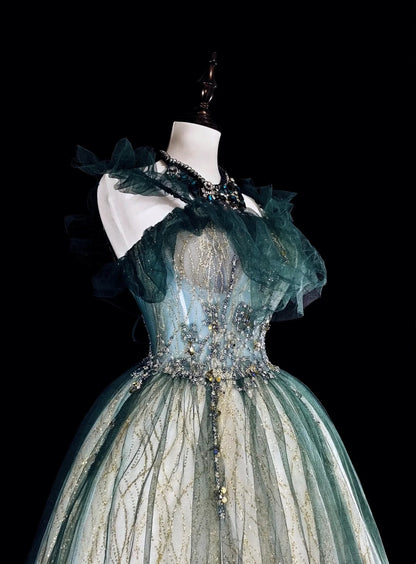 Robes de bal vintage Robes de soirée bretelles en tulle vert avec volants Robe longue de soirée des années 1980 N2712