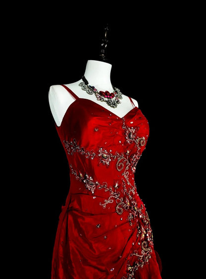 Vintage 1980s Mermaid Spaghetti Straps Red With Appliques Sleeveless Long Prom Formal Dresses N1601