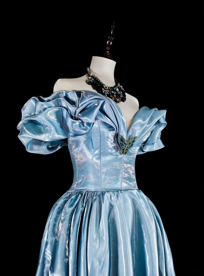 Robes de bal de rêve Esthétique rétro années 80 Épaules dénudées Bleu clair Longues tenues de soirée N2363
