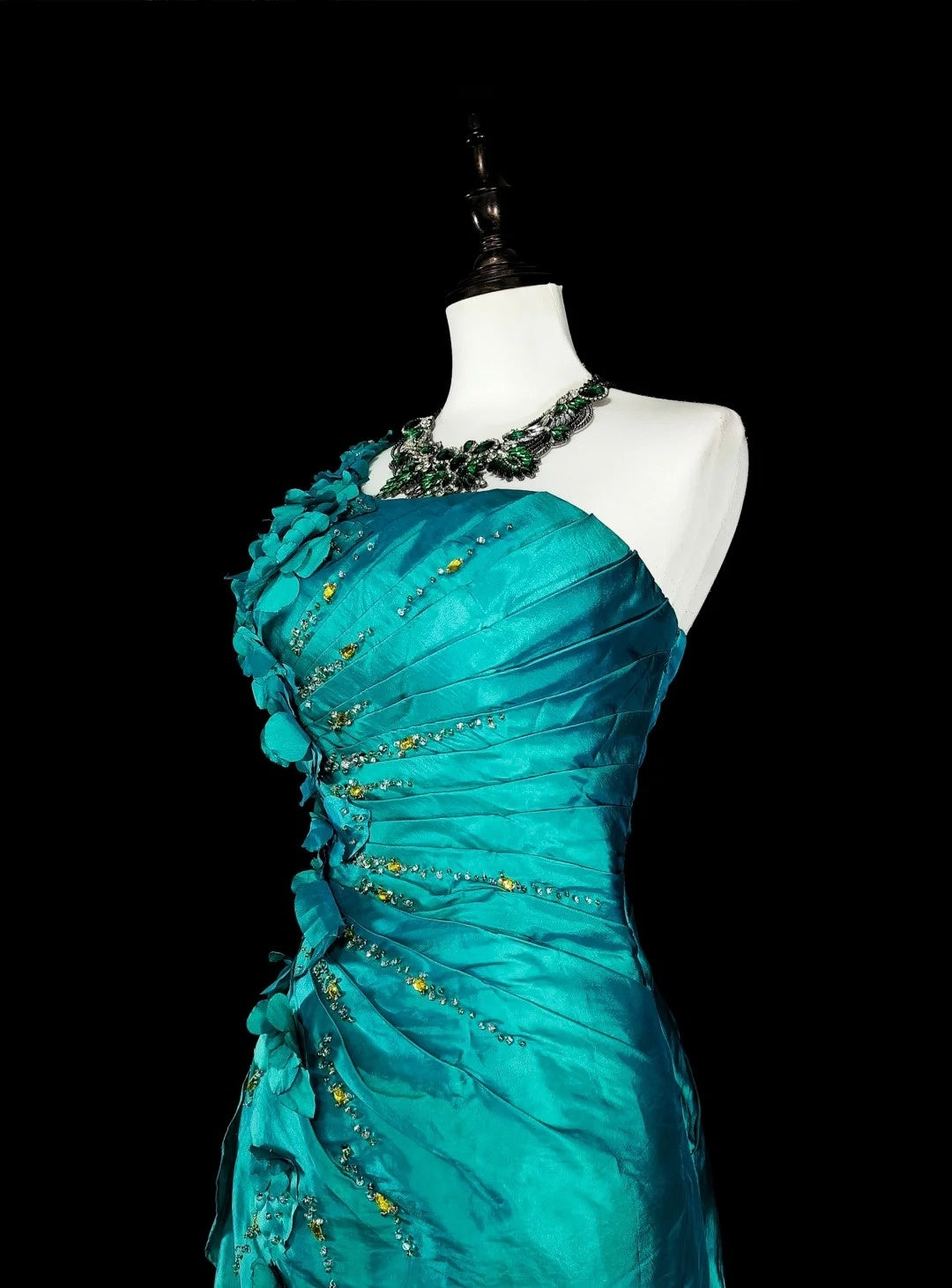 Vintage Meerjungfrauen-Abendkleid, schulterfrei, grün, 70er Jahre, mit Falten und Perlen, langes Ballkleid, Partykleid N1838