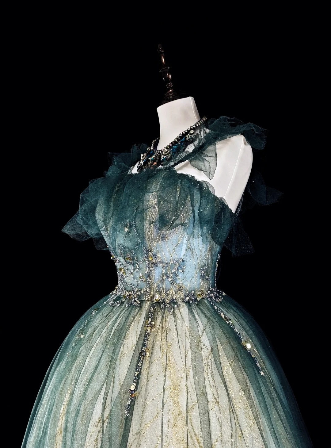 Robes de bal vintage Robes de soirée bretelles en tulle vert avec volants Robe longue de soirée des années 1980 N2712