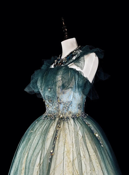 Robes de bal vintage Robes de soirée bretelles en tulle vert avec volants Robe longue de soirée des années 1980 N2712
