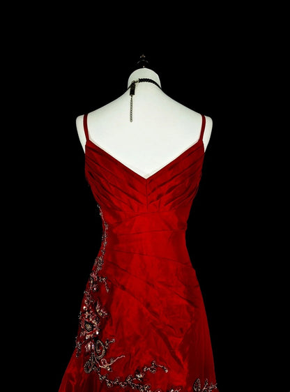 Vintage 1980s Mermaid Spaghetti Straps Red With Appliques Sleeveless Long Prom Formal Dresses N1601