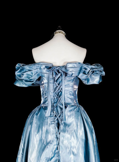 Robes de bal de rêve Esthétique rétro années 80 Épaules dénudées Bleu clair Longues tenues de soirée N2363