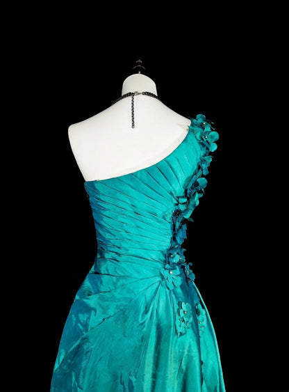 Vintage Meerjungfrauen-Abendkleid, schulterfrei, grün, 70er Jahre, mit Falten und Perlen, langes Ballkleid, Partykleid N1838