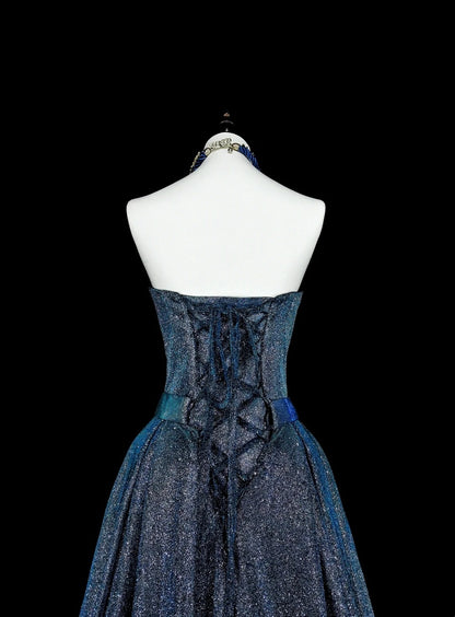 Robe de bal vintage bleu marine à sequins, décolleté cœur, années 70, longue, idéale pour les soirées (N1832)