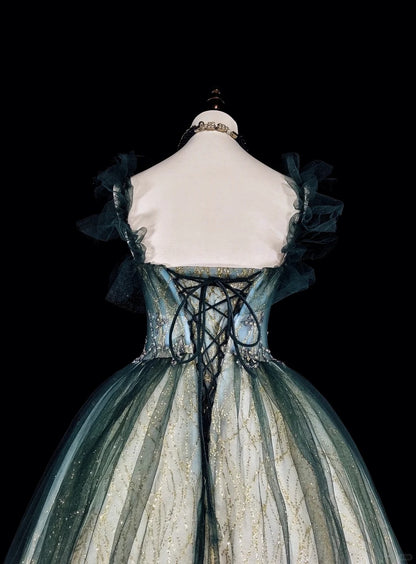 Robes de bal vintage Robes de soirée bretelles en tulle vert avec volants Robe longue de soirée des années 1980 N2712