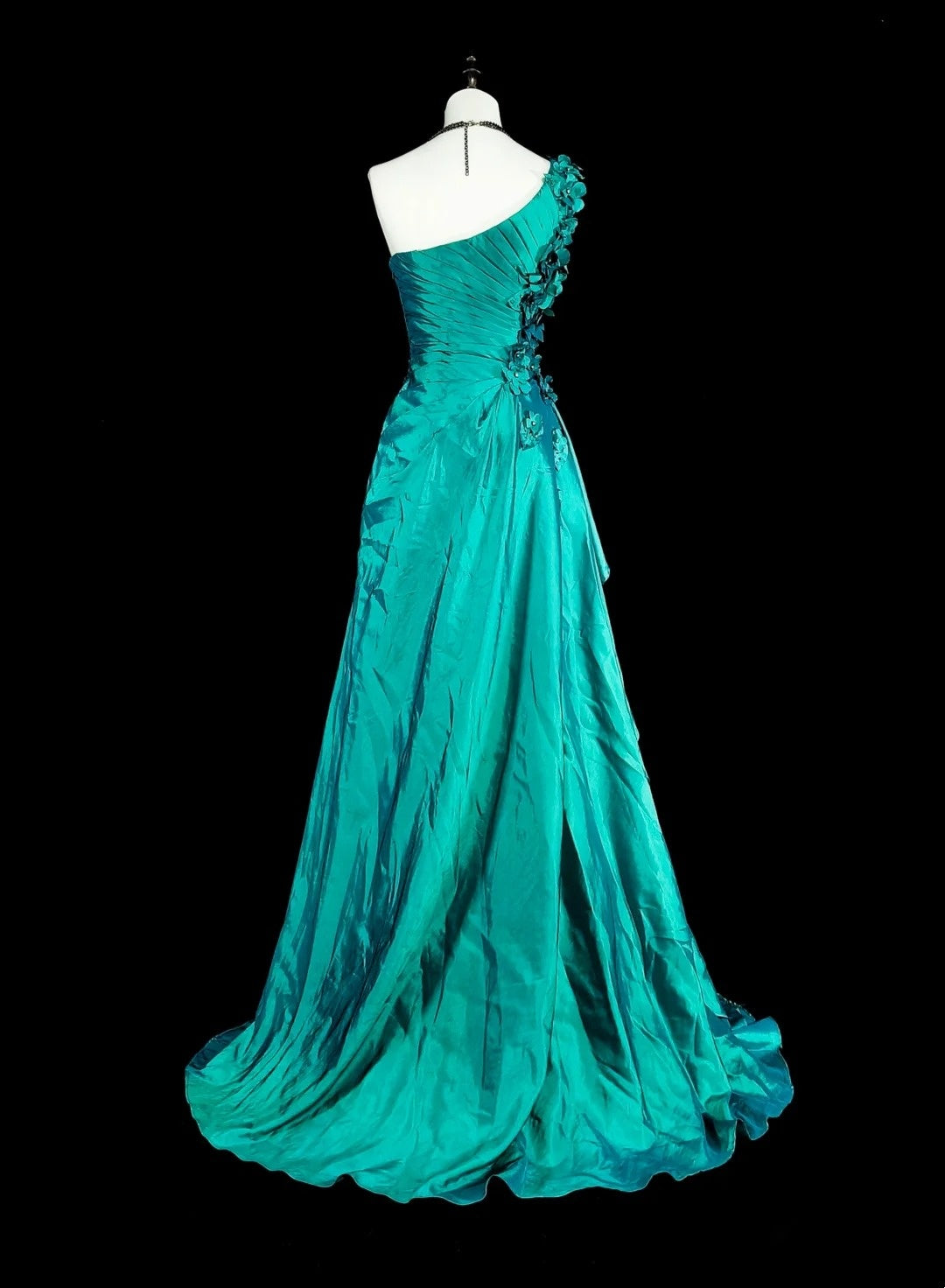 Vintage Meerjungfrauen-Abendkleid, schulterfrei, grün, 70er Jahre, mit Falten und Perlen, langes Ballkleid, Partykleid N1838