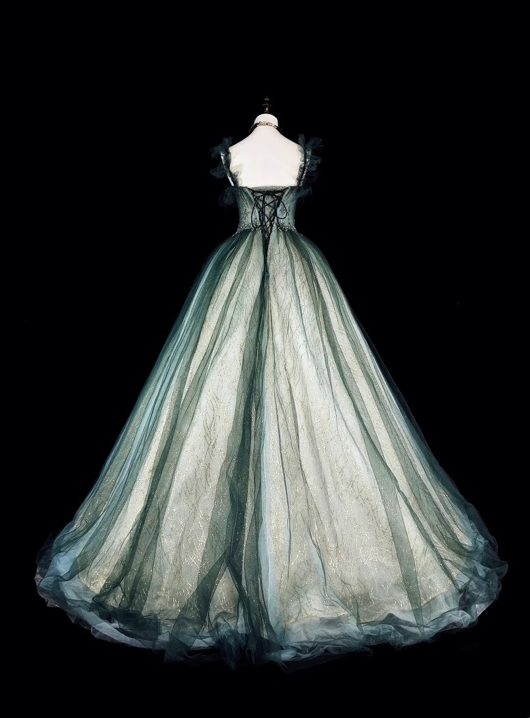 Robes de bal vintage Robes de soirée bretelles en tulle vert avec volants Robe longue de soirée des années 1980 N2712