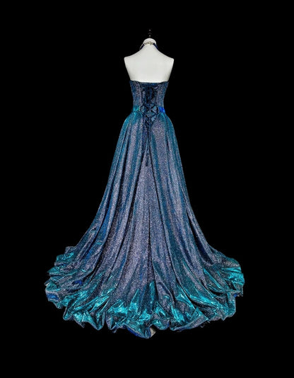 Robe de bal vintage bleu marine à sequins, décolleté cœur, années 70, longue, idéale pour les soirées (N1832)