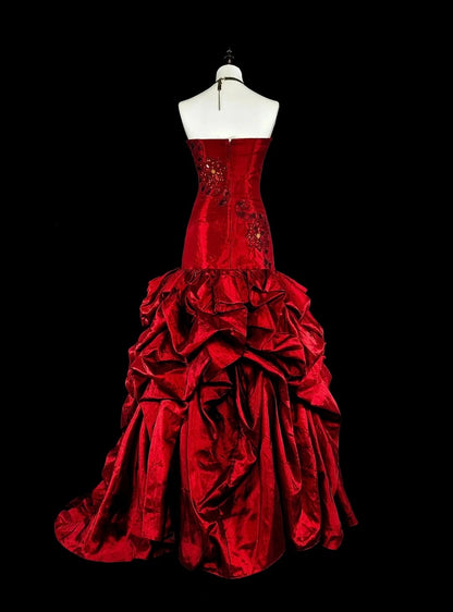 Robes de bal vintage sirène bustier plissées satin bordeaux avec appliques longue robe de soirée N2373