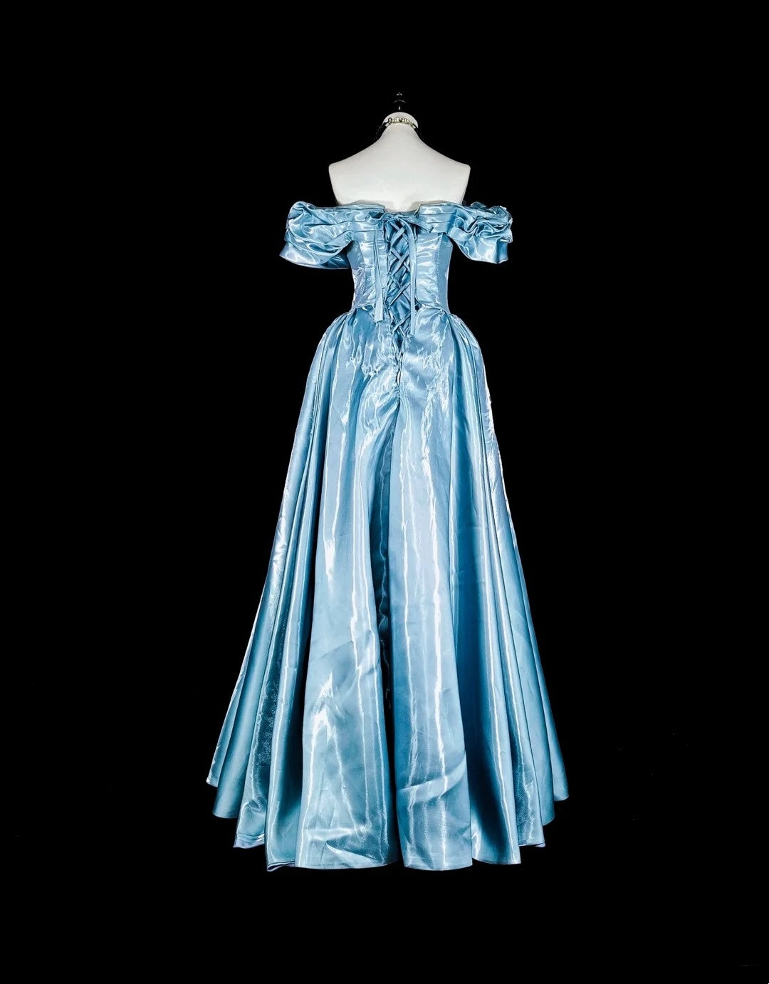 Robes de bal de rêve Esthétique rétro années 80 Épaules dénudées Bleu clair Longues tenues de soirée N2363