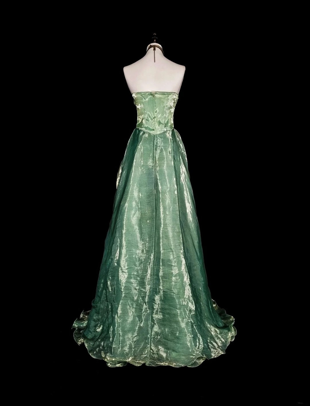 Vintage A-Linien-Abendkleid, trägerlos, salbeigrün, 70er Jahre, Organza, langes Abendkleid, N1835