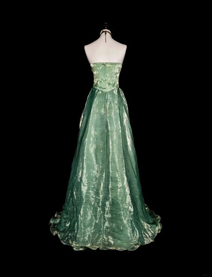 Vintage A-Linien-Abendkleid, trägerlos, salbeigrün, 70er Jahre, Organza, langes Abendkleid, N1835