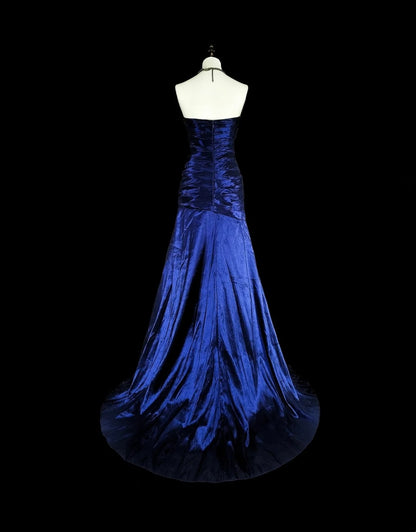 Vintage Meerjungfrauen-Abendkleid aus königsblauem Satin im Stil der 80er Jahre, formelles Geburtstagskleid, langes Ballkleid N1756