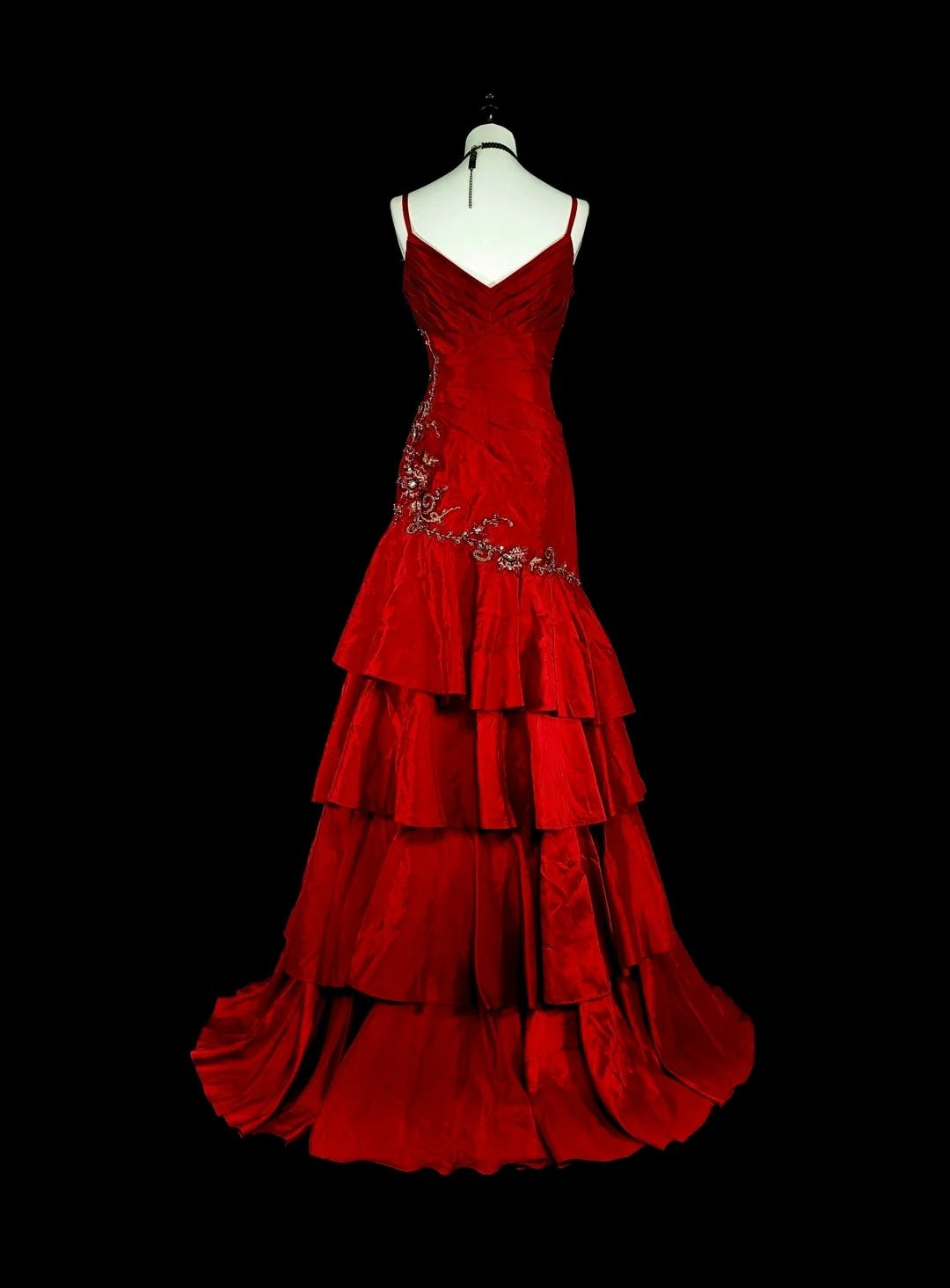 Robe de bal longue rouge vintage sirène à fines bretelles et ornée de dentelle et de perles, N1828