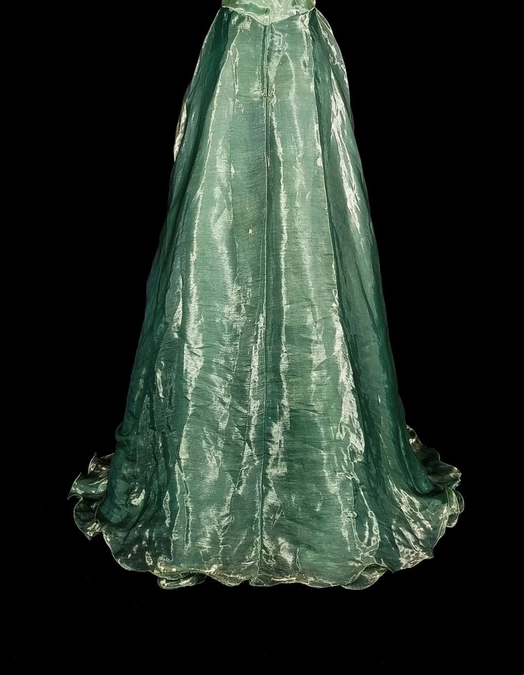 Vintage A-Linien-Abendkleid, trägerlos, salbeigrün, 70er Jahre, Organza, langes Abendkleid, N1835