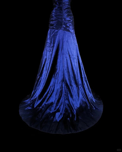 Robe de bal longue vintage années 1760, style sirène, décolleté cœur, bleu royal, plissée en satin, N1605