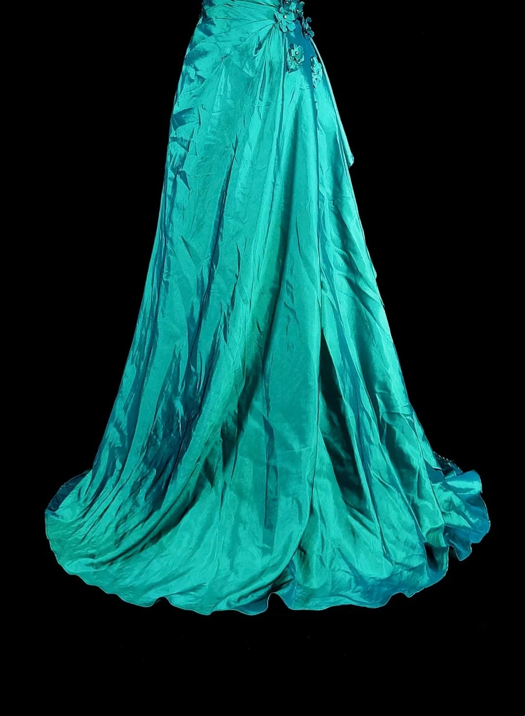 Vintage Meerjungfrauen-Abendkleid, schulterfrei, grün, 70er Jahre, mit Falten und Perlen, langes Ballkleid, Partykleid N1838