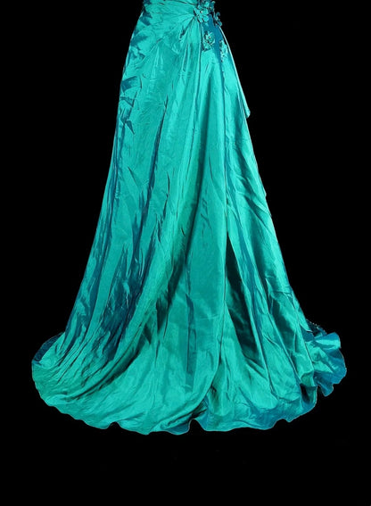 Vintage Meerjungfrauen-Abendkleid, schulterfrei, grün, 70er Jahre, mit Falten und Perlen, langes Ballkleid, Partykleid N1838