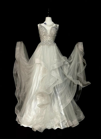 Vintage Ballkleid mit V-Ausschnitt, silberner Tüll mit Perlenbesatz, Abschlussballkleid, Sweet 16 Kleid, Quinceañera Kleid, lang, 15 Vestidos De Fiesta N1439