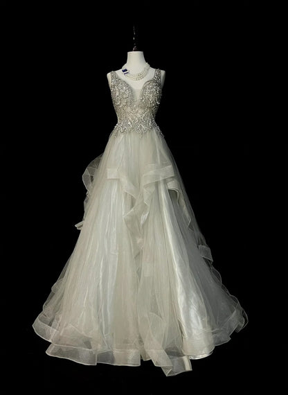 Vintage Ballkleid mit V-Ausschnitt, silberner Tüll mit Perlenbesatz, Abschlussballkleid, Sweet 16 Kleid, Quinceañera Kleid, lang, 15 Vestidos De Fiesta N1439