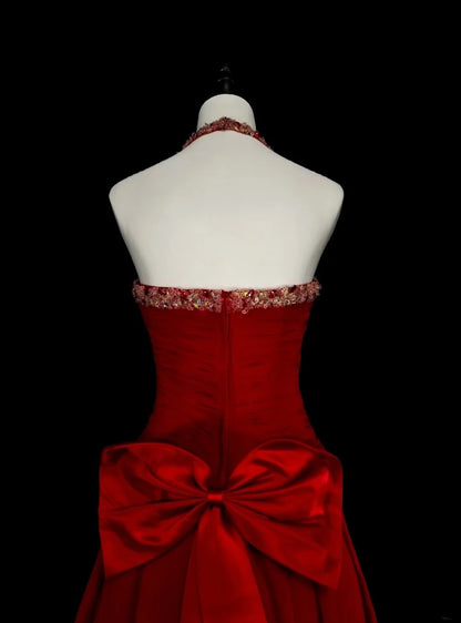 Vintage 1760s A Line Halter Red With Back Bow-knot Sleeveless Pleated Long Prom Dresses N1587
