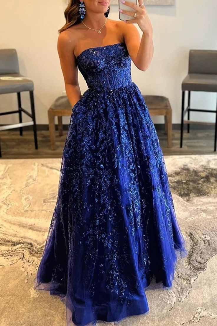 A line Royal Blue Sequined Lace Long Prom Dress with Pockets Formal Evening Gowns AB499
