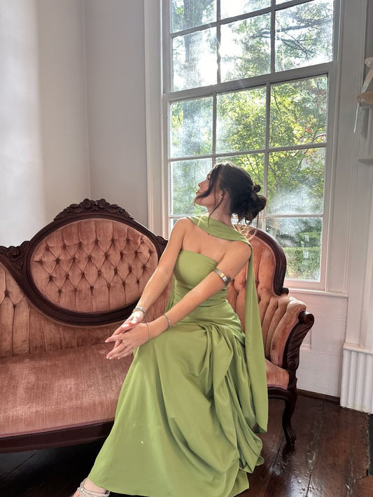 Modest A Line Strapless Green Satin Long Evening Spring Summer Beach Formal Wedding Guest Dresses N2758