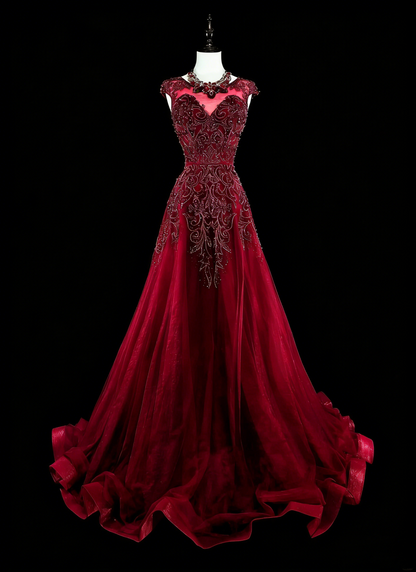 Robe de bal longue vintage années 70, coupe trapèze, en tulle bordeaux ornée de perles, référence N1844