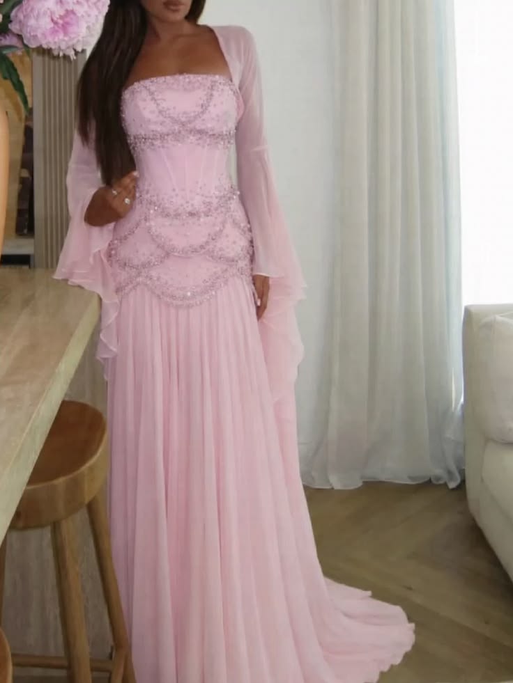 Elegant A line Strapless Pink With Beading Cape Perfection-Formal Goals Nigh Evening Long Prom Dress Party Outfits RB6746