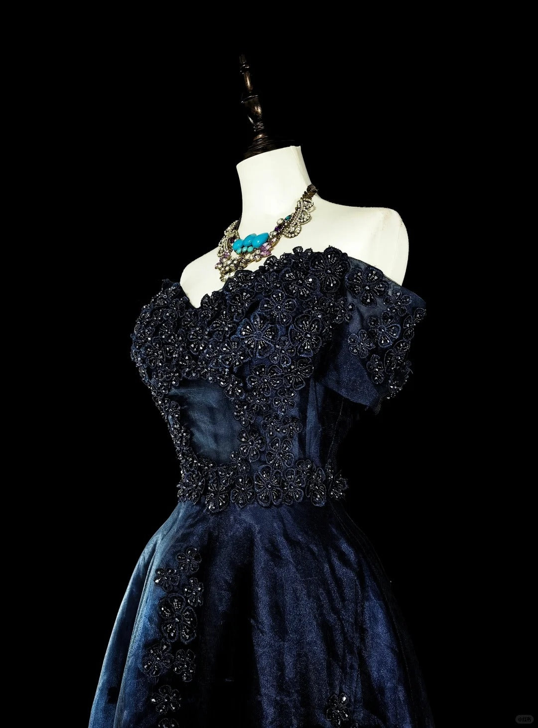 Vintage Prom Dresses Ball Gown Off The Shoulder Navy Blue Tulle With Appliques 80s Long Formal Gown N2720