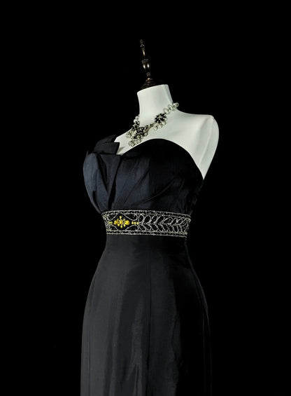Robe de Bal Vintage Esthétique Sirène Rétro Années 70 en Satin Noir Robe Longue de Soirée N2151