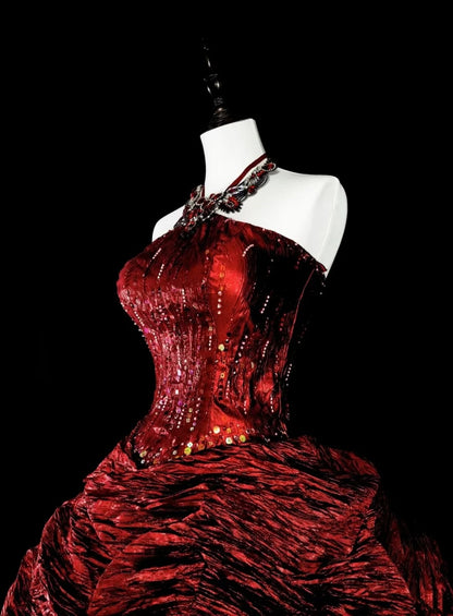 Modest Prom Dresses Ball Gown Halter Burgundy Taffeta With Ruffled Long Quince Dress N3067