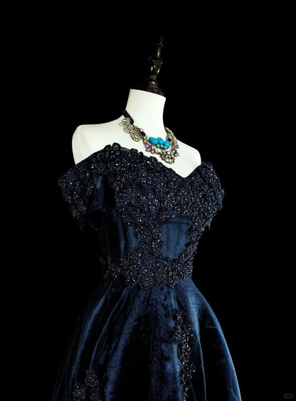 Vintage Prom Dresses Ball Gown Off The Shoulder Navy Blue Tulle With Appliques 80s Long Formal Gown N2720