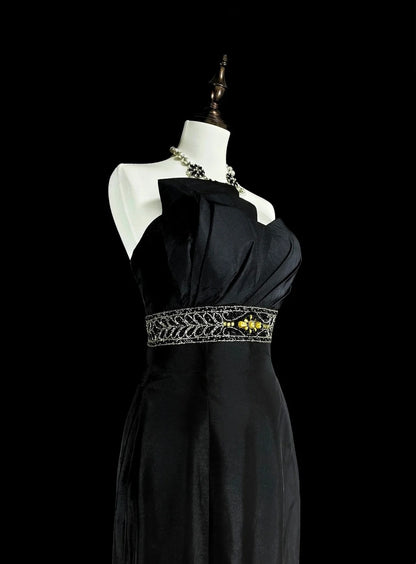 Robe de Bal Vintage Esthétique Sirène Rétro Années 70 en Satin Noir Robe Longue de Soirée N2151