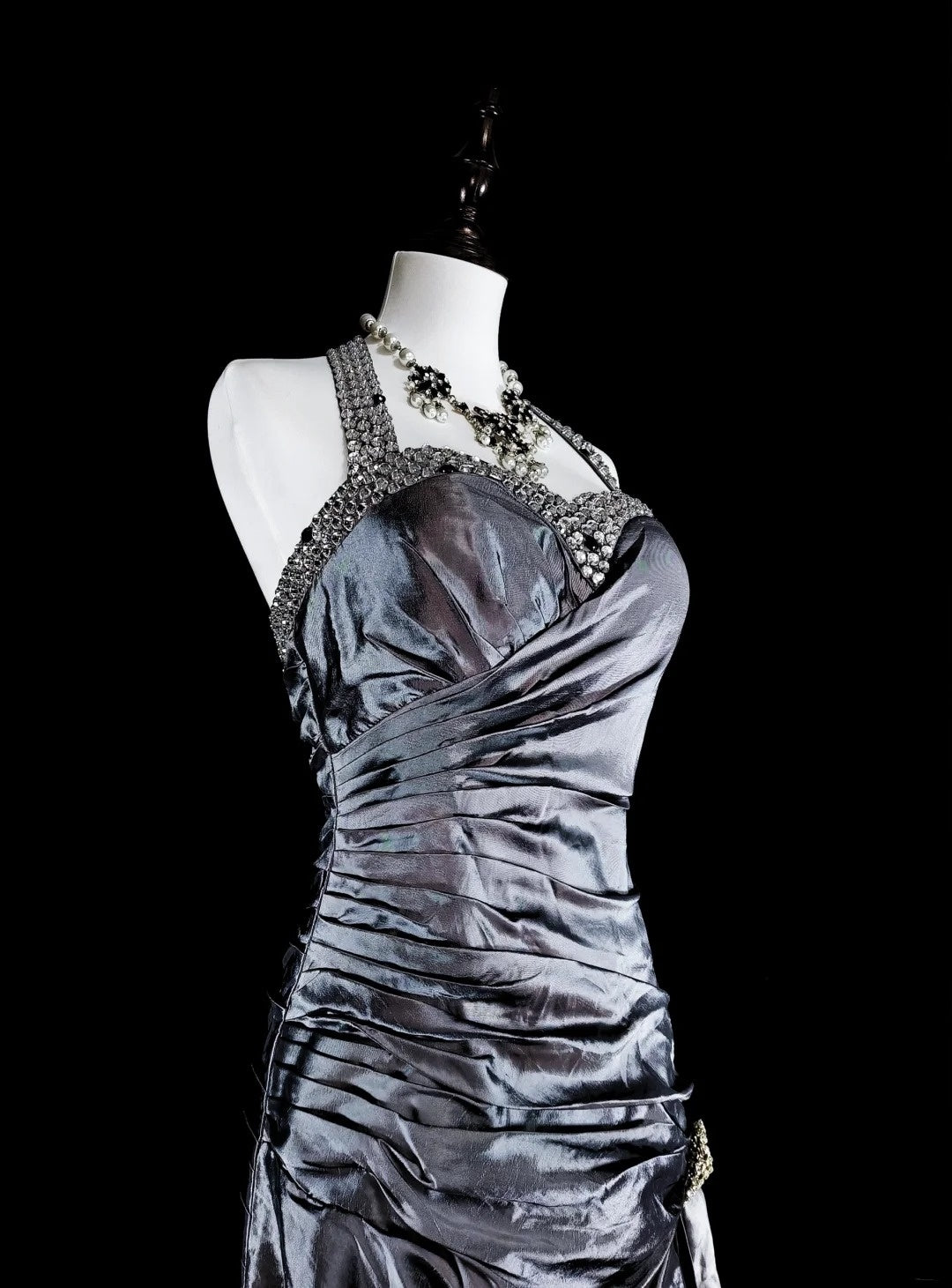 Robe de bal vintage sirène à col halter en taffetas gris, inspiration classique, robe de soirée formelle N1998