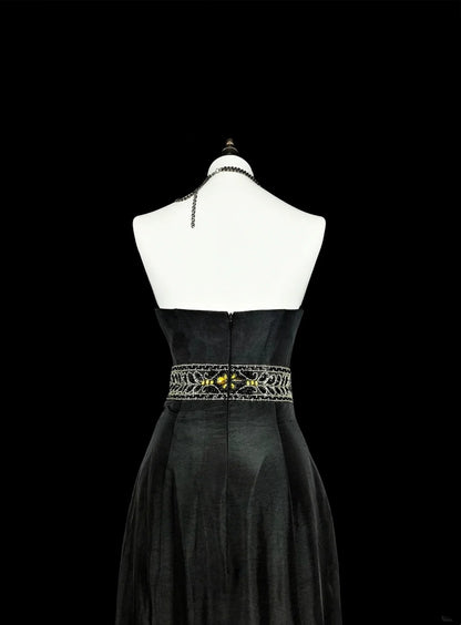 Robe de Bal Vintage Esthétique Sirène Rétro Années 70 en Satin Noir Robe Longue de Soirée N2151