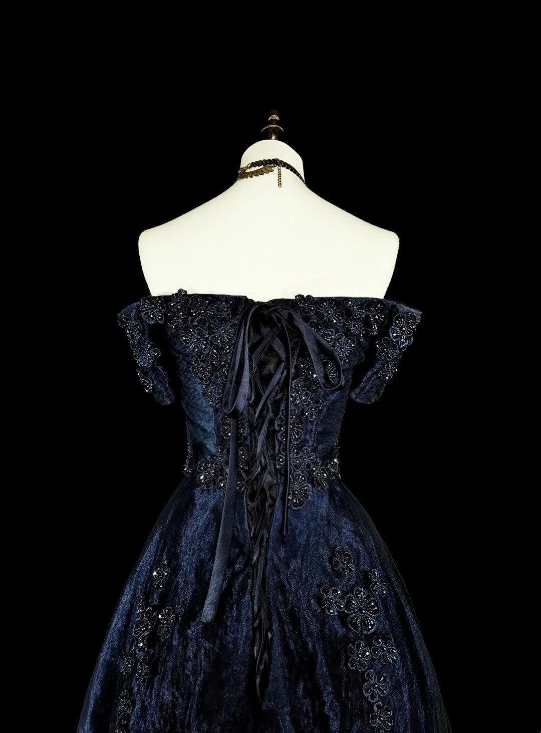 Vintage Prom Dresses Ball Gown Off The Shoulder Navy Blue Tulle With Appliques 80s Long Formal Gown N2720