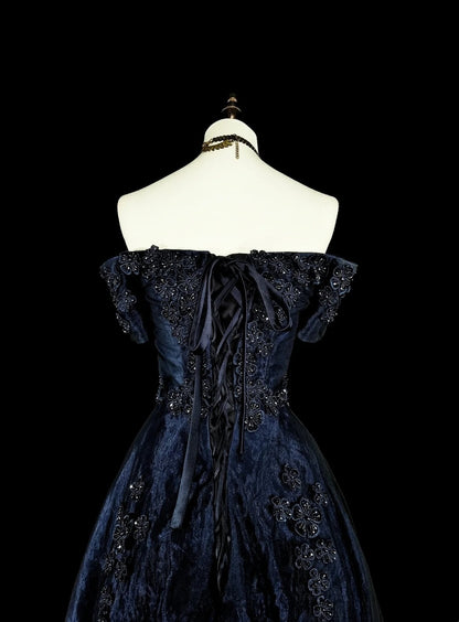 Vintage Prom Dresses Ball Gown Off The Shoulder Navy Blue Tulle With Appliques 80s Long Formal Gown N2720