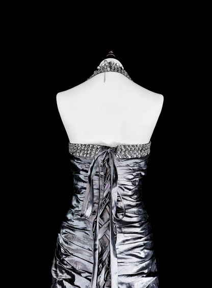 Robe de bal vintage sirène à col halter en taffetas gris, inspiration classique, robe de soirée formelle N1998
