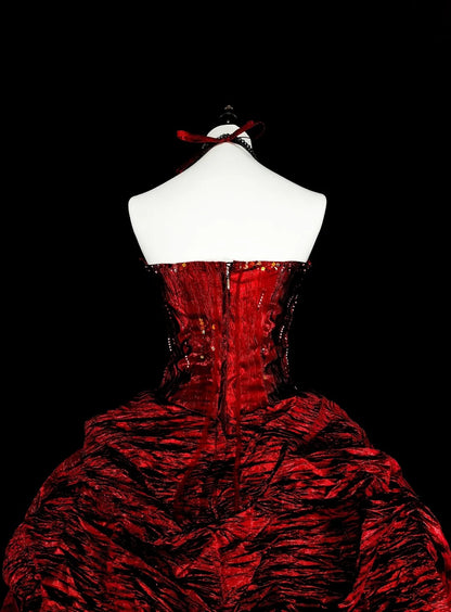 Modest Prom Dresses Ball Gown Halter Burgundy Taffeta With Ruffled Long Quince Dress N3067