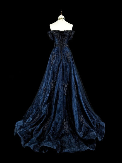 Robe de soirée vintage années 80, coupe trapèze, épaules dénudées, en tulle bleu marine, idéale pour un anniversaire ou un bal de promo (N1753).