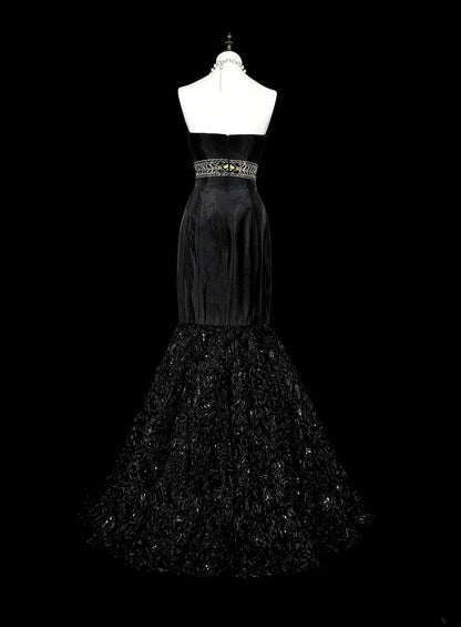 Robe de Bal Vintage Esthétique Sirène Rétro Années 70 en Satin Noir Robe Longue de Soirée N2151