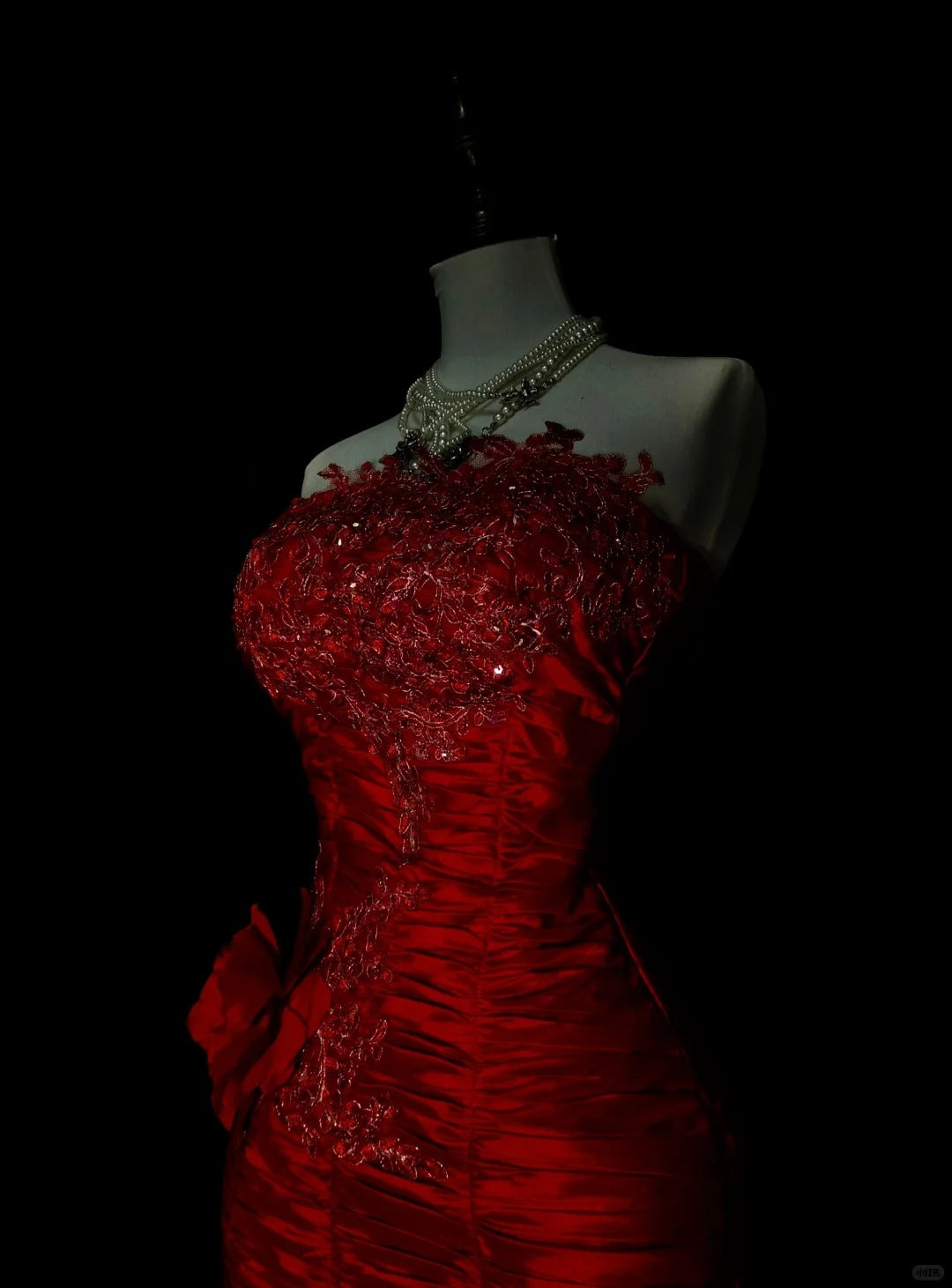 Vintage Meerjungfrauen-Kleid, trägerlos, rot, Tüllapplikationen, ärmellos, 80er Jahre, ärmelloses Ballkleid, langes formelles Abendkleid N1440
